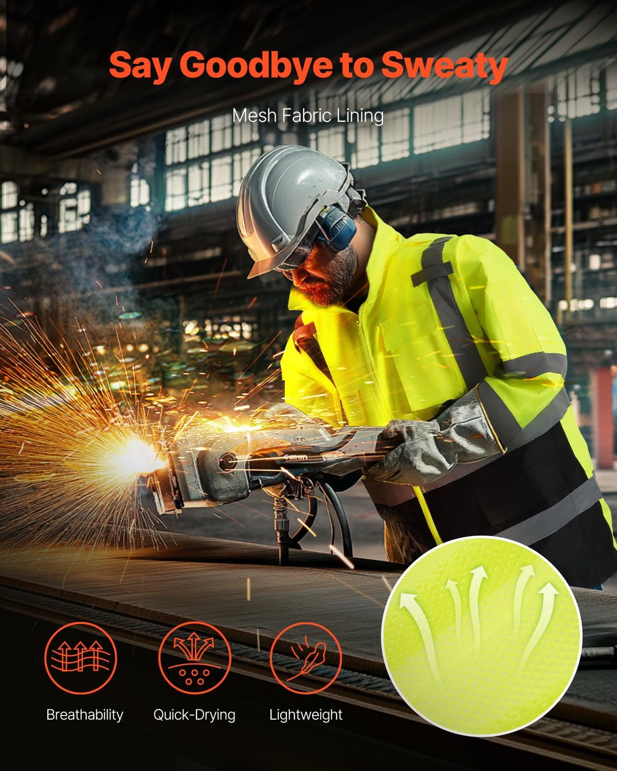 VEVOR High Visibility Reflective Safety Jacket, Waterproof Safety Hoodie, Work Construction Coat with Pockets for Men & Women, Rain Gear Meet ANSI & Class 3, Hi Vis Yellow Coat with Black Bottom, L - Image 6