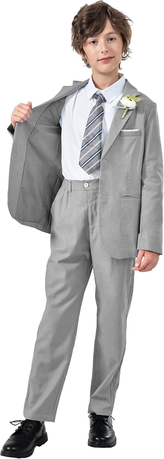 LOLANTA Boys Linen Suit Slim Fit Kids Lightweight Suit Jacket Pant Set for Family Gatherings, Holiday Celebrations, School