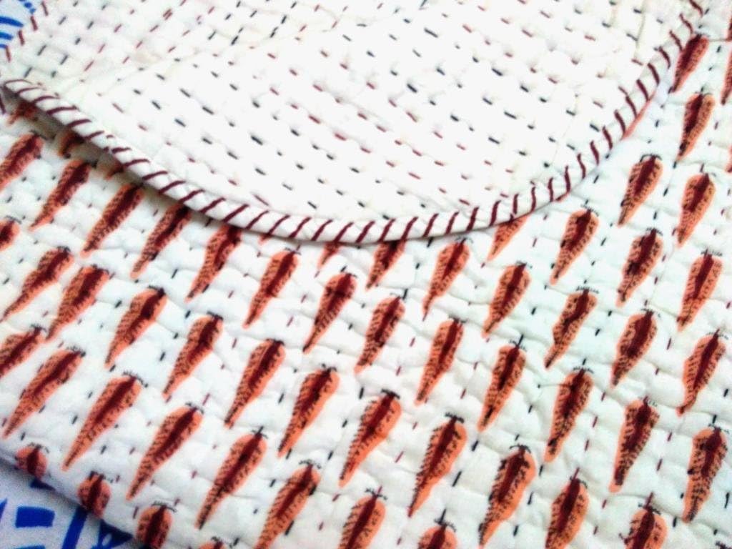 Kantha Throw, Indian Block Print Fabric Baby Quilt, Cotton Fabric Kids Bedding, Bohemian Bedspread