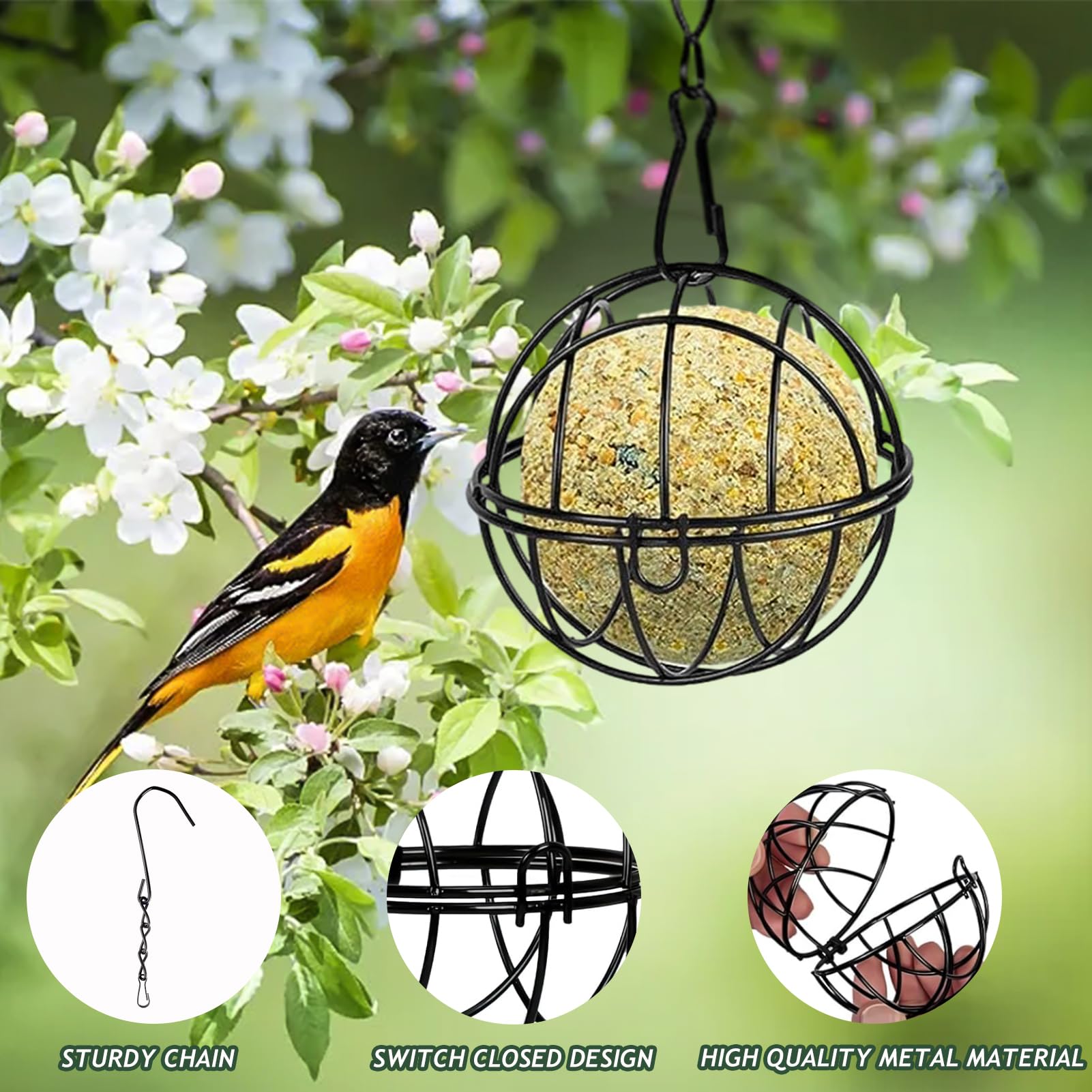 Mangeoire Oiseaux Boule Métal – Lot De 4 Avec Chaînes – Pour Boules De Graisse, Extérieur – Résistant Aux Intempéries