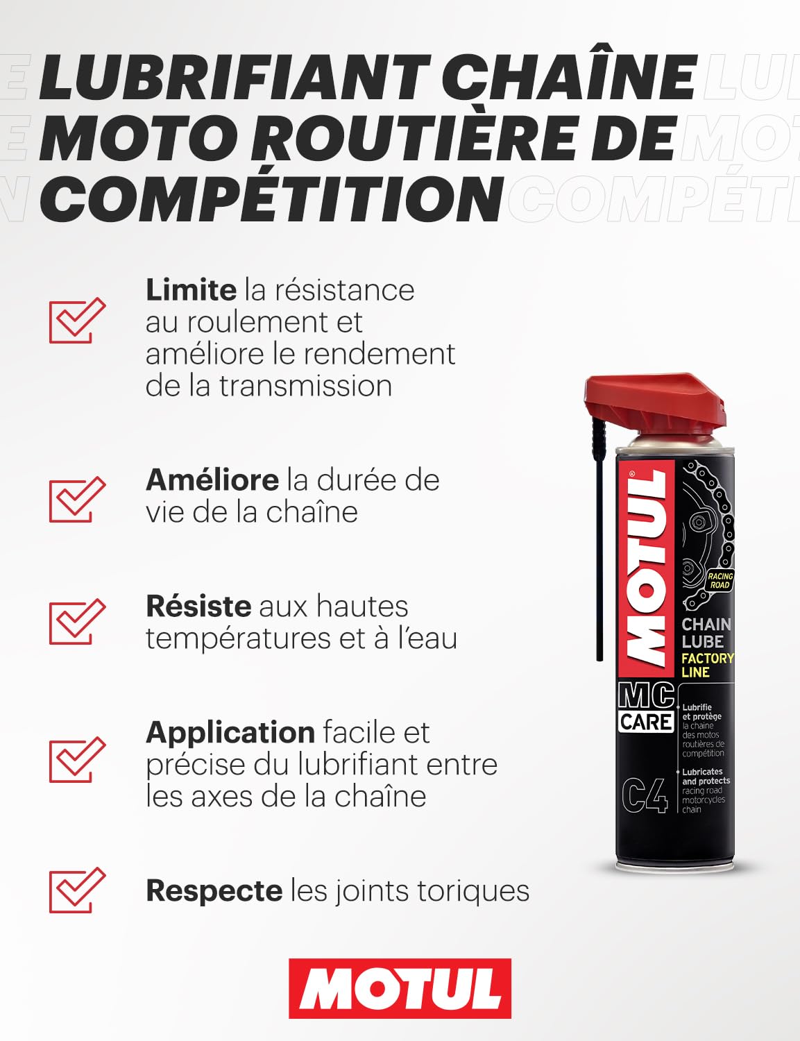 Motul - Kit d'entretien Chaîne Moto Routière de Compétition - Nettoyant MC Care Chain Clean C1 400ml + Lubrifiant MC Care Chain Lube Factory Line C4 400ml + Brosse Non Abrasive