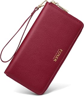 Leather Zip Around Wallets for Women, Genuine Leather RFID Blocking Gift Box Packing 17 Card Slots Ladies Long Purses with Zipper Coin Pocket Women's Clutch Wallets with Wristband (Red)
