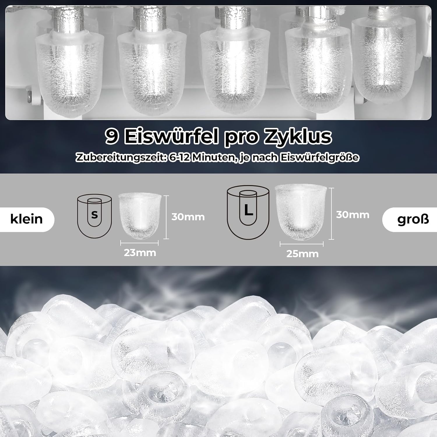 Maquina de Hielo, 9 Cubitos de Hielo en 6 Minutos,12kg/24h, 2 Tamaños de Cubitos, Maquina de Hacer Hielo con Autolimpieza, con Asa de Transporte/Pala para hielo, Maquina Hielo para Casa/Cocina/Oficina