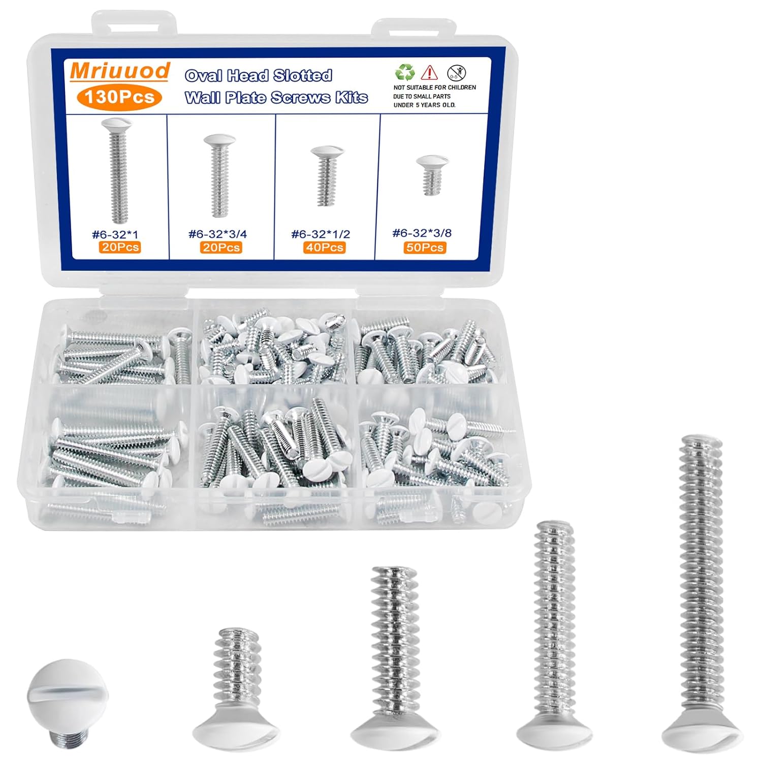 130Pcs Wall Plate Screws Kit, #6-32 Outlet Cover Screws,Switch Plate Fasteners,Electrical Panel Screws,4 Length 3/8", 1/2", 3/4", 1" Long Outlet Screws for Light Switch Plate (White)