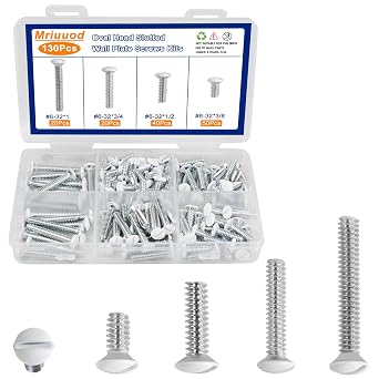 130Pcs Wall Plate Screws Kit, #6-32 Outlet Cover Screws,Switch Plate Fasteners,Electrical Panel Screws,4 Length 3/8", 1/2", 3/4", 1" Long Outlet Screws for Light Switch Plate White