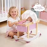 ROBUD Wooden Doll Rocking Crib with Adjustable Canopy & Bedding Set, Ballet Style Baby Doll Bassinet for 18 Inch Dolls, Sturdy Doll Bed with Safe Rounded Edges, Doll Furniture for Girls Pretend Play
