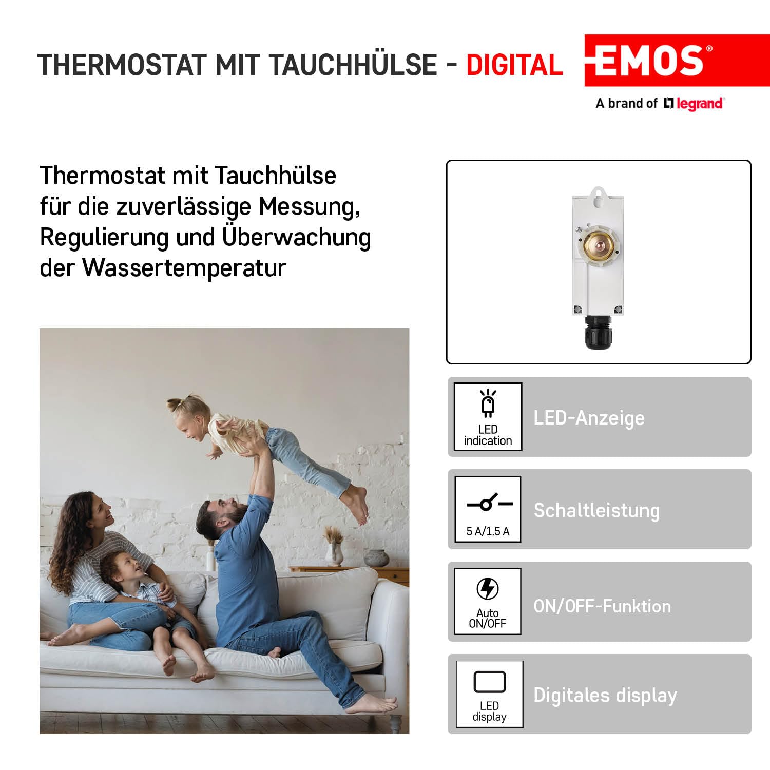 EMOS - thermostat numérique avec fourreau et fonction hystérésis - manuel, filaire - chauffage/climatisation - plage température 5-80 °C - mesure invasive - 230 V, 5 A/1,5 A - blanc