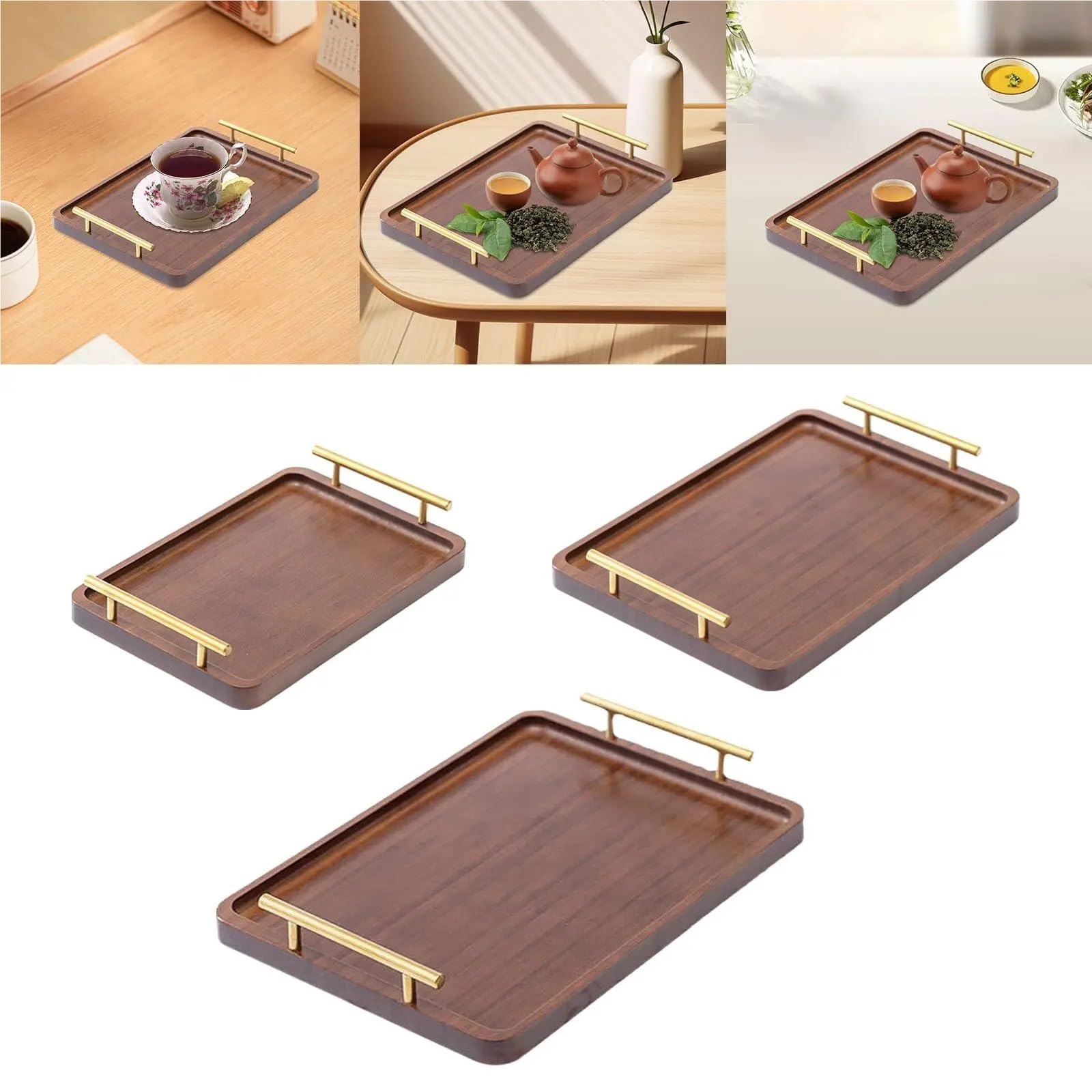 Bandeja de madera para servir aperitivos con asas de metal, mesa de centro decorativa para decoración de cocina (20 x 30 cm)