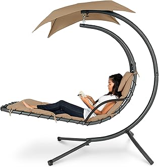Best Choice ProductsOutdoor Hanging Curved Steel Chaise Lounge Chair Swing w/Built-in Pillow and Removable Canopy - Tan