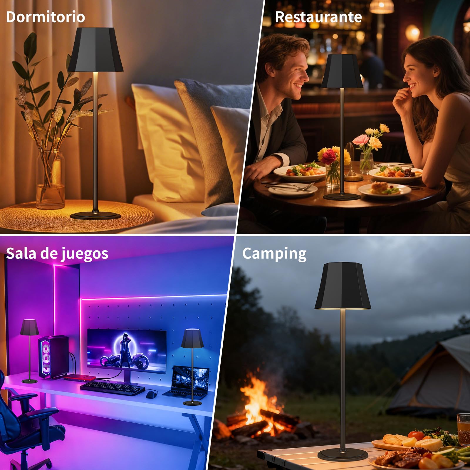 Suright Lámpara de Mesa Sin Cable con 3 Temperaturas de Color+RGB, Lámpara de Noche Recargable Brillo Ajustable, 2 Alturas Ajustables, IP54 Impermeable para Dormitorio, Sala, Restaurante, Camping