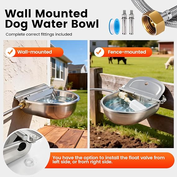 Automatic Dog Water Bowl Dispenser 304 Stainless Steel Dog Waterer | Wall Mounted, Metal Outdoor Heavy Duty Auto Self Filling Animal Water Feeder for Dogs Cats, with Float Valve and Drain Plug