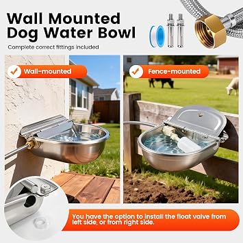 Automatic Dog Water Bowl Dispenser 304 Stainless Steel Dog Waterer | Wall Mounted, Metal Outdoor Heavy Duty Auto Self Filling Animal Water Feeder for Dogs Cats, with Float Valve and Drain Plug