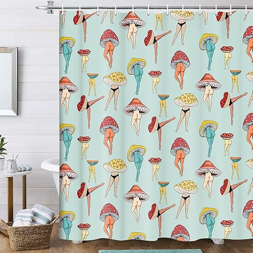 Divertida cortina de ducha con trasero de hongo, divertida y sexy, de los años 70 y 80, cortinas de ducha de tela para baño, hippie, psicodélico,