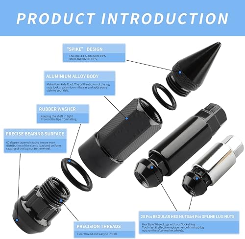 Miniatura 7 de 24 piezas de picos antirrobo extendidos rueda sintonizadorallantas tuercas M14X1.5+enchufe (negro)