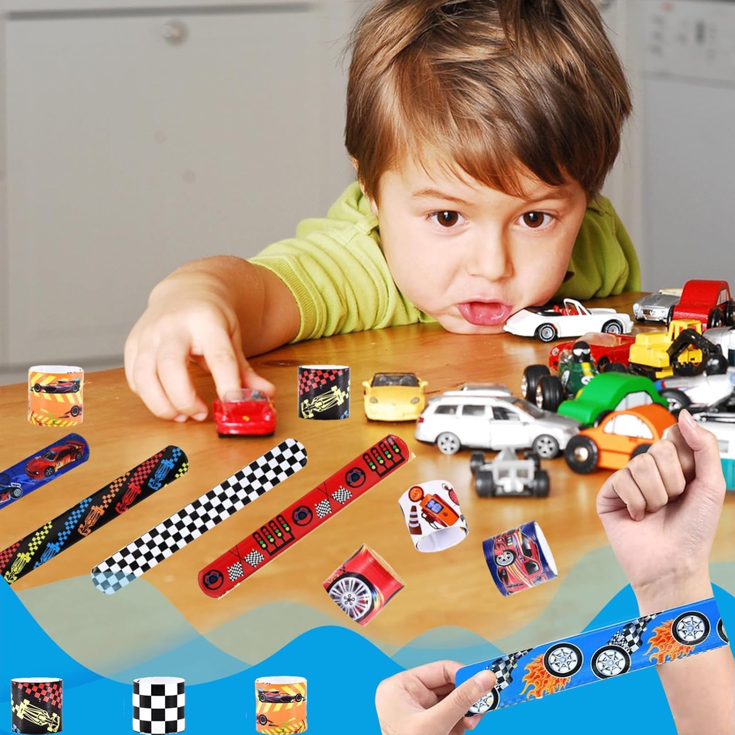 YANMIN 60pcs Hot Race Car Party Favors Kids Bulk Slap Bracelets with Race Cars Theme Goodie Bags Stuffers for Birthday Christmas Halloween Party, Treasure Box Toys for Classroom Prizes