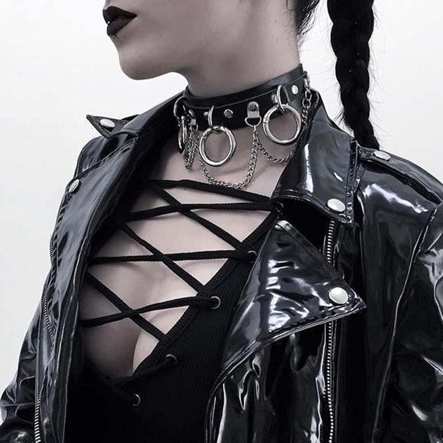 Olbye Circle Leather Choker Necklace Black Studded Rock Punk Collar Necklace PU Gothic Short Necklaces Adjustable Link Necklaces Jewelry for Women