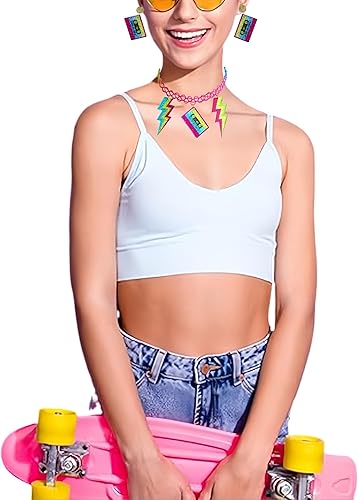 Miniatura 2 de Hupplle Accesorios de los años 80 y 90 para mujer, collar de acrílico de neón retro con casete de rayos, colgante de radio, joyería colorida para