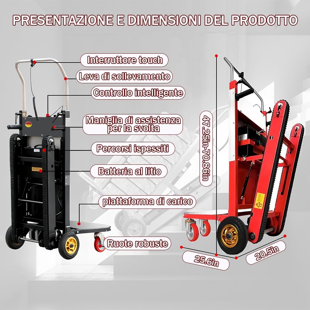 Carrello Montascale Elettrico per Trasporto Pesante 1500W Motore 1100lbs/500kg capacità Carrello Saliscale Elettrico 48V42AH 6-8H Autonomia per Déménagement Magazzino