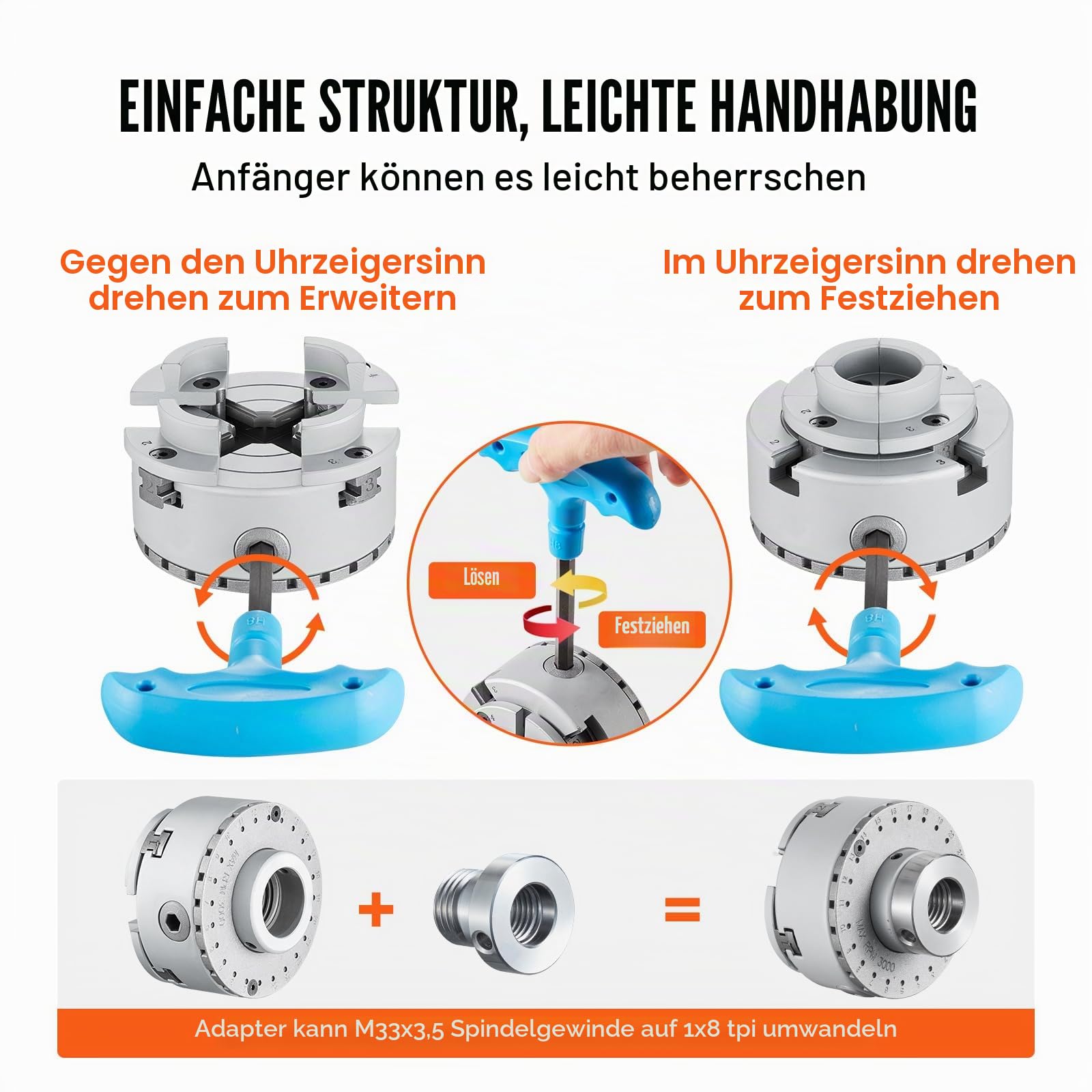 VEVOR KP96 Drehbankfutter 4-Backen φ96mm Backenfutter aus 45# Klemmbereich 32–70mm Spannfutter-Innengewinde M33 x 3,5 TPI Drehbank Ausrichtungsgenauigkeit ≤0,3mm Drechselfutter Drehmaschinenfutter