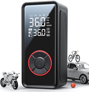 Tire Inflator Portable Air Compressor - 3X Faster Inflation Air Pump with LED Light, Auto Shut-Off Tire Pump with 4 Nozzles for Car, Motorcycle, Bicycle, Ball, Black - Amazon product rated Grade A