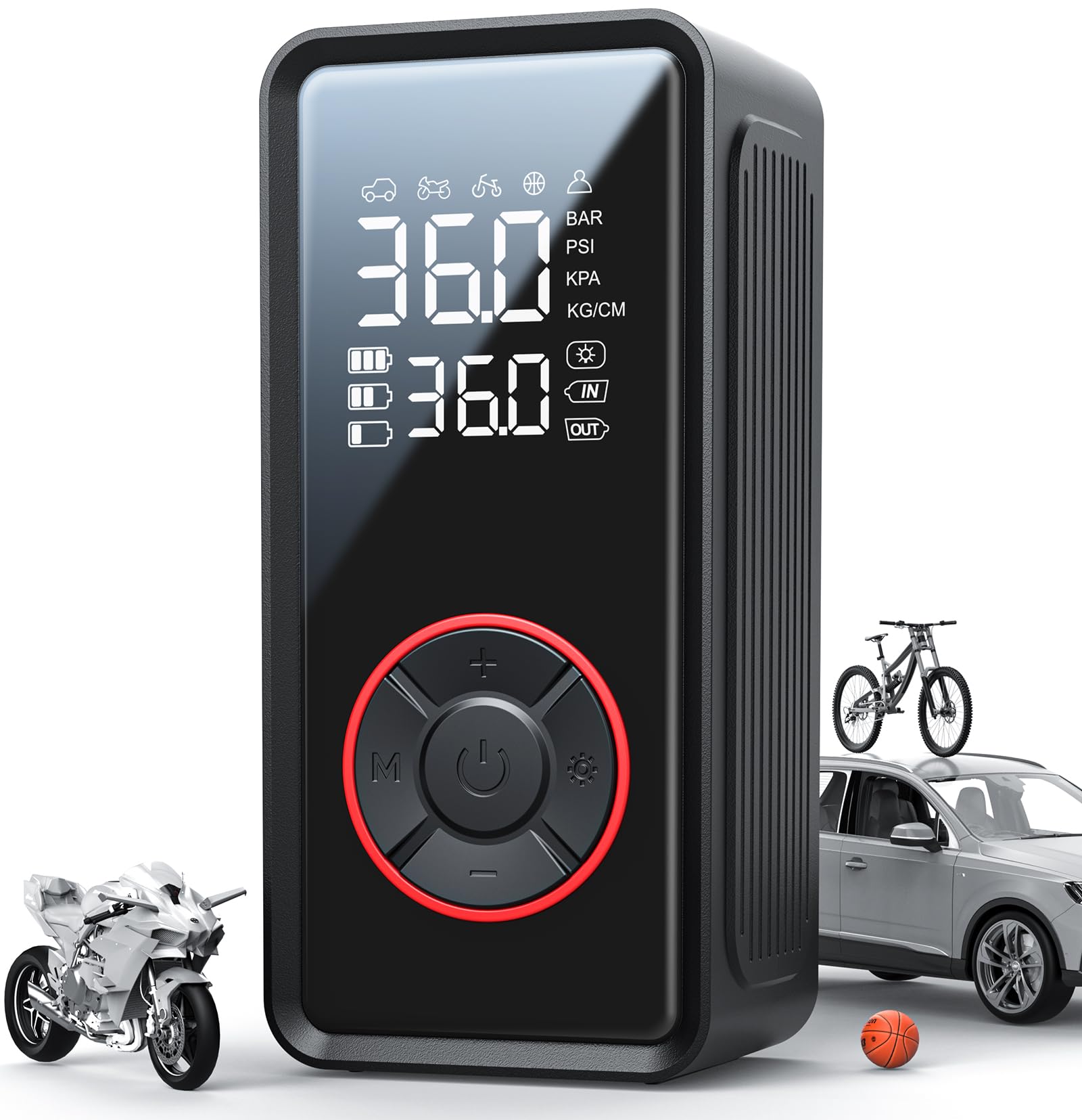 Powools Fahrradpumpe - Tragbare Elektrische Luftpumpe Fahrrad, 3X Schnelleres Aufpumpen Mit LED-Licht, Auto-Stop Luftpumpe Elektrisch Mit 4 Düsen Für Auto, Motorrad, Ball, Schwarz, 7.2 × 5.0 × 14.8 cm