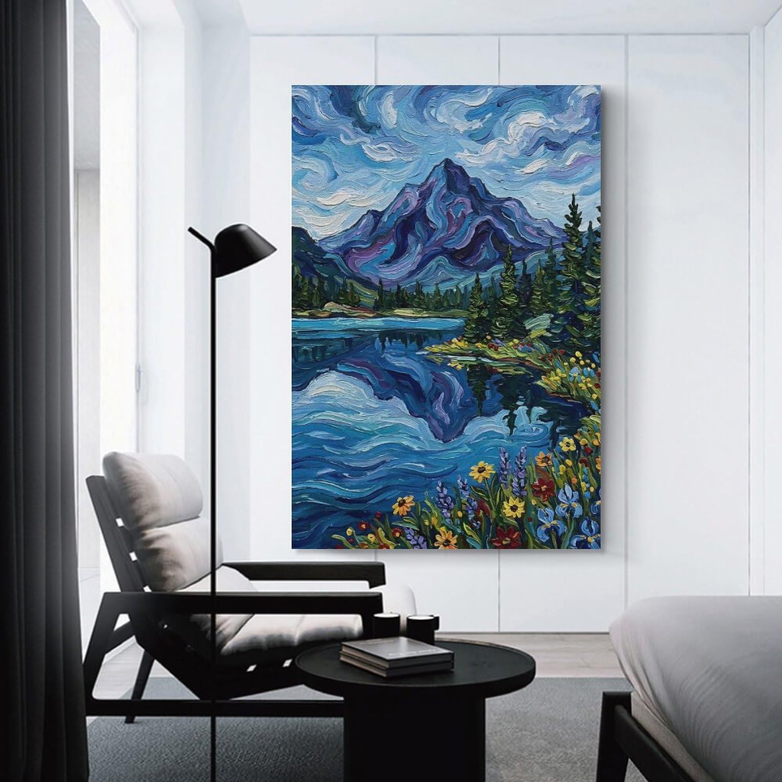 Junmoney Canvas Wall Art Impressionist Mountain Lake Landscape, 20x30inch(50x75cm), for Bedroom, Guest Room Or Reading Nook, Canvas Wall Decor for Personal Spaces