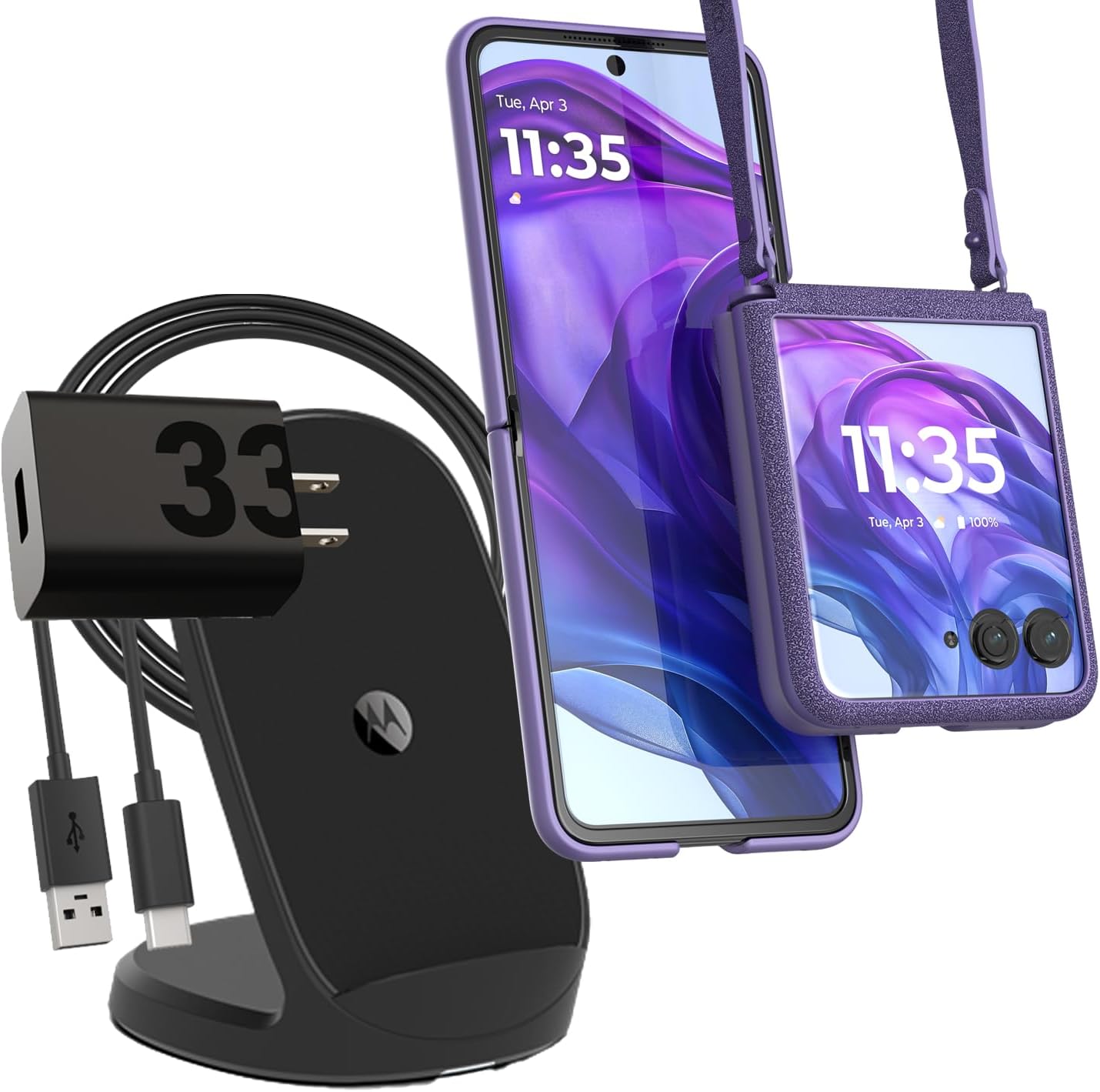 Motorola Razr+ (Plus) 2024/2025 Fresh Lavender Adjustable Cross Body Case + TurboPower Wireless Stand + 33W Charger
