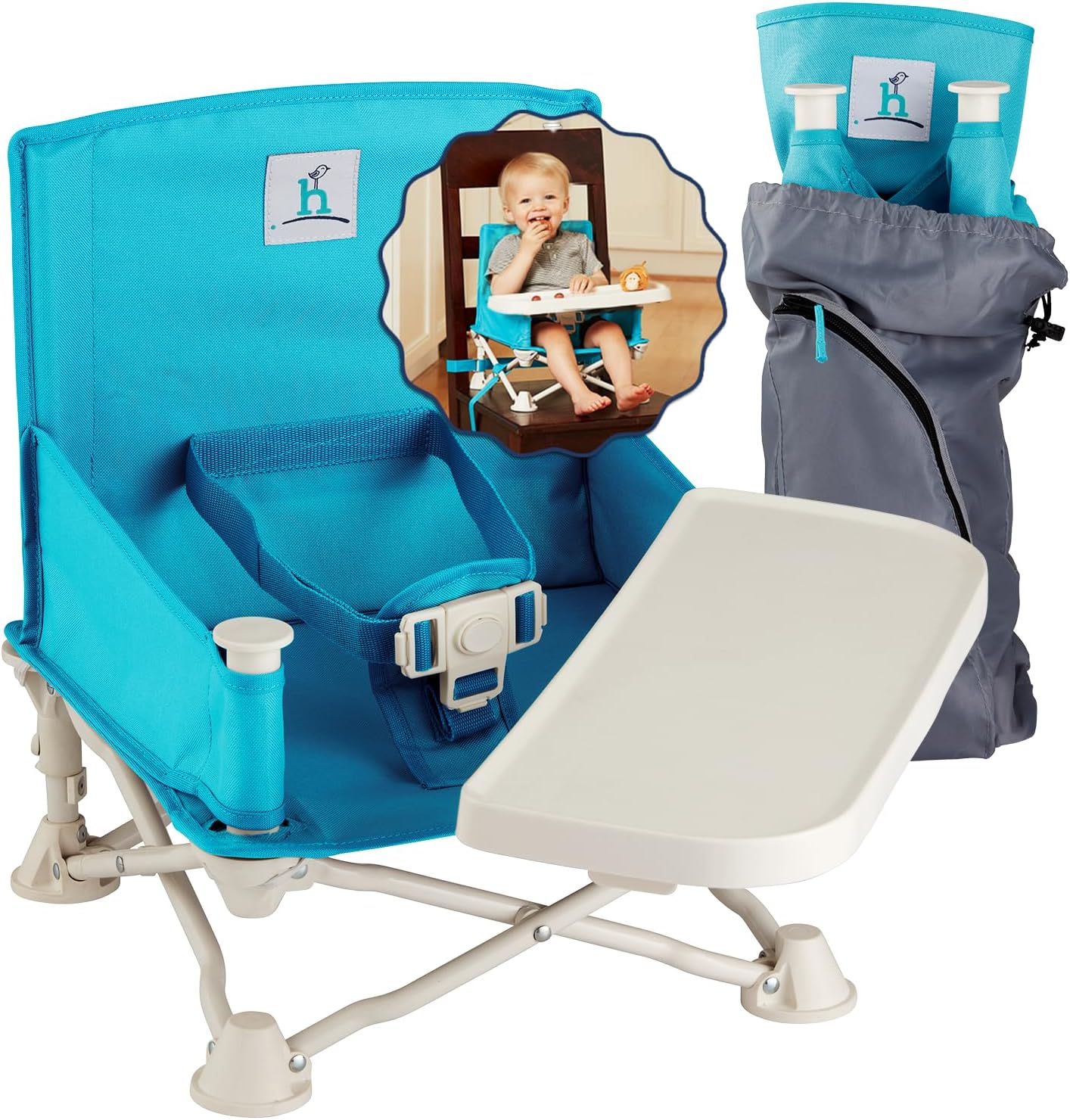 hiccapop Omniboost Travel Booster Seat with Tray for Baby | Folding Portable High Chair for Eating, Camping, Beach, Lawn, Grandmaโs | Tip-Free Design Straps to Kitchen Chairs - Go-Anywhere High Chair