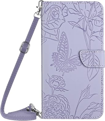 ONV Phone Case Compatible with Oppo Reno 10-1,5M Strap Butterfly Flower Leather Case Anti-Seismic Bumper Kickstand Magnet Card Holder Cover for Oppo Reno 10 / Reno 10 Pro [HD] -Purple