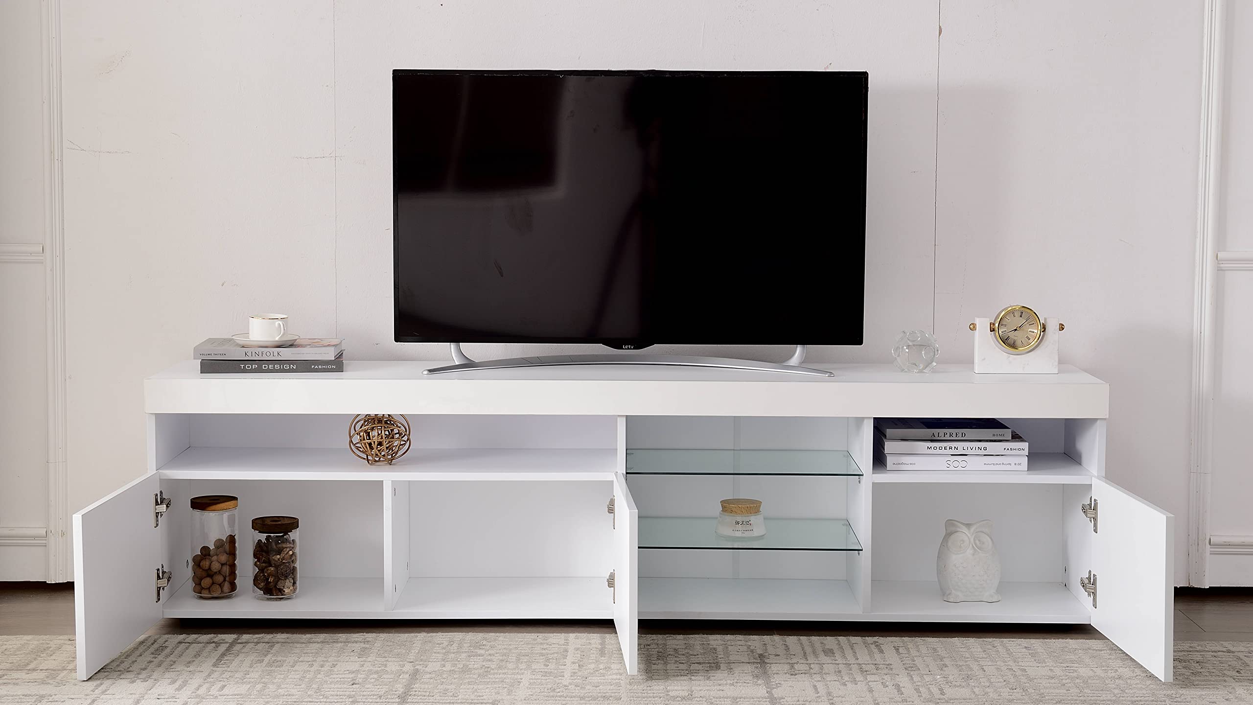 Mueble bajo para TV (180 cm, con iluminación LED, 3 puertas, 180 x 35 x 45 cm), color blanco