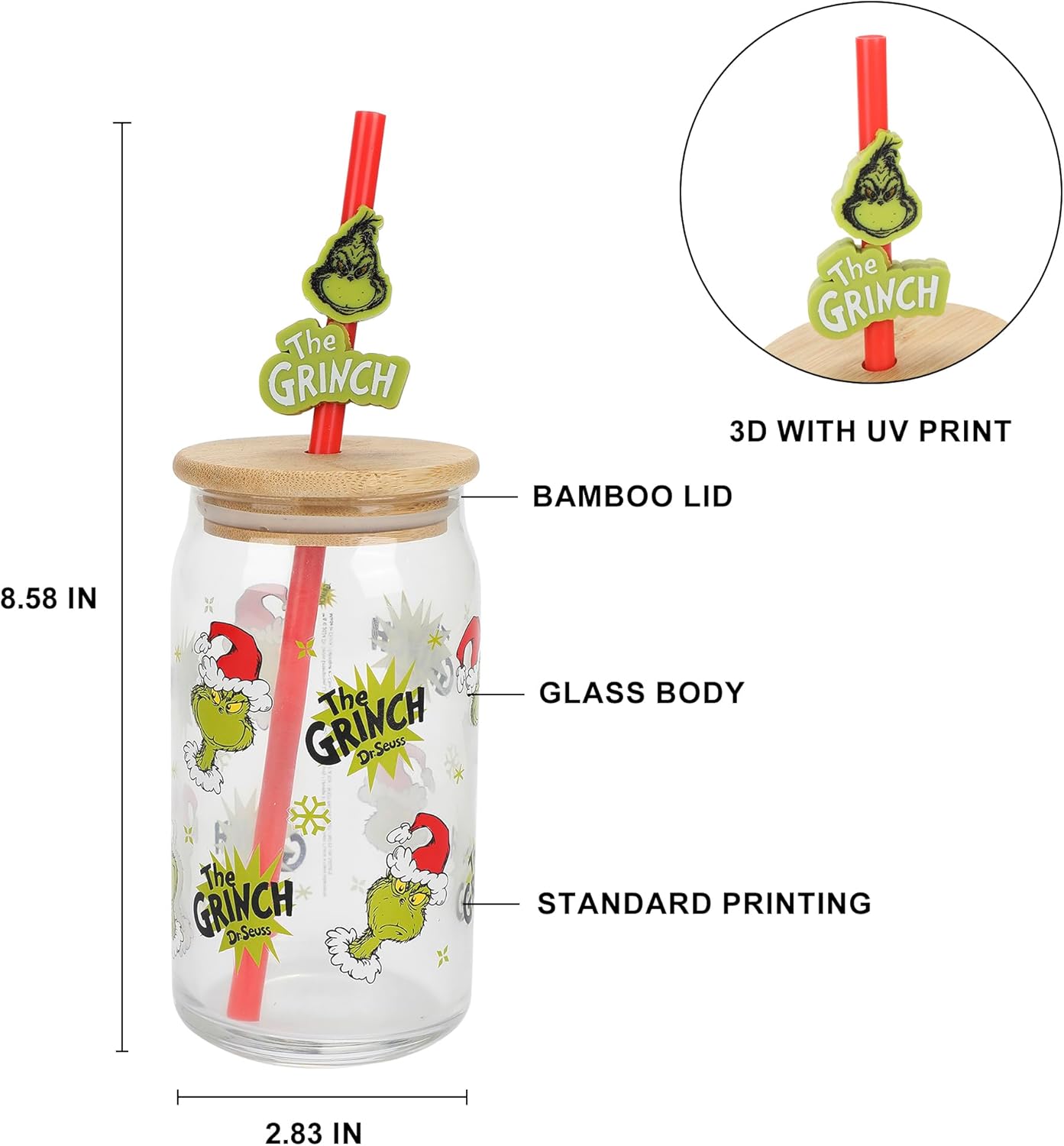 Bioworld The Grinch AOP 15 Oz. Glass Cup with Straw and Lid - Image 2
