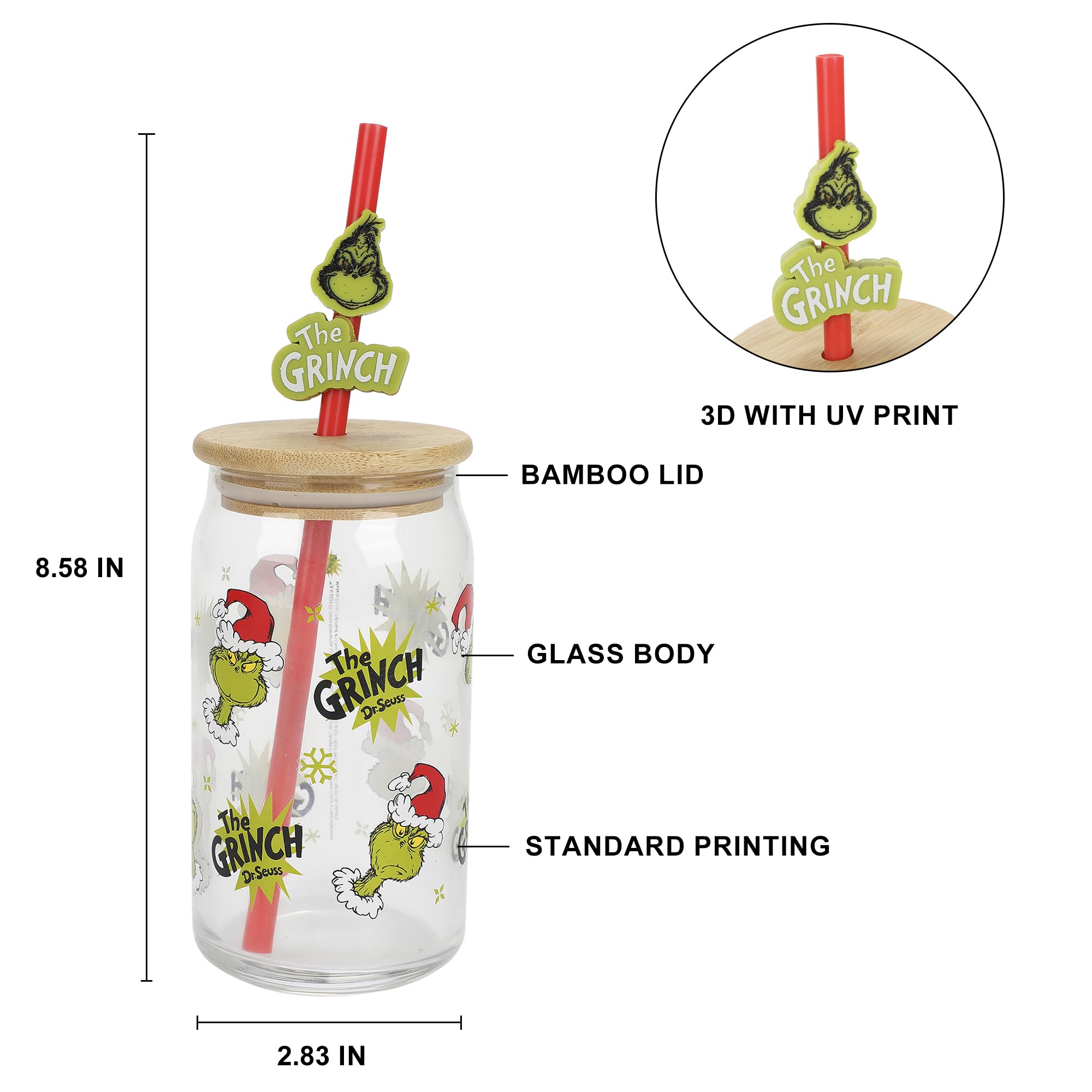 Bioworld The Grinch AOP 15 Oz. Glass Cup with Straw and Lid
