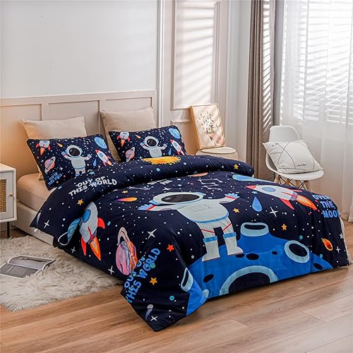 Miniatura 2 de Meeting Story Juego de edredón de 3 piezas con temática espacial del universo, planeta, astronauta, cohete y galaxia, para decoración de habitación
