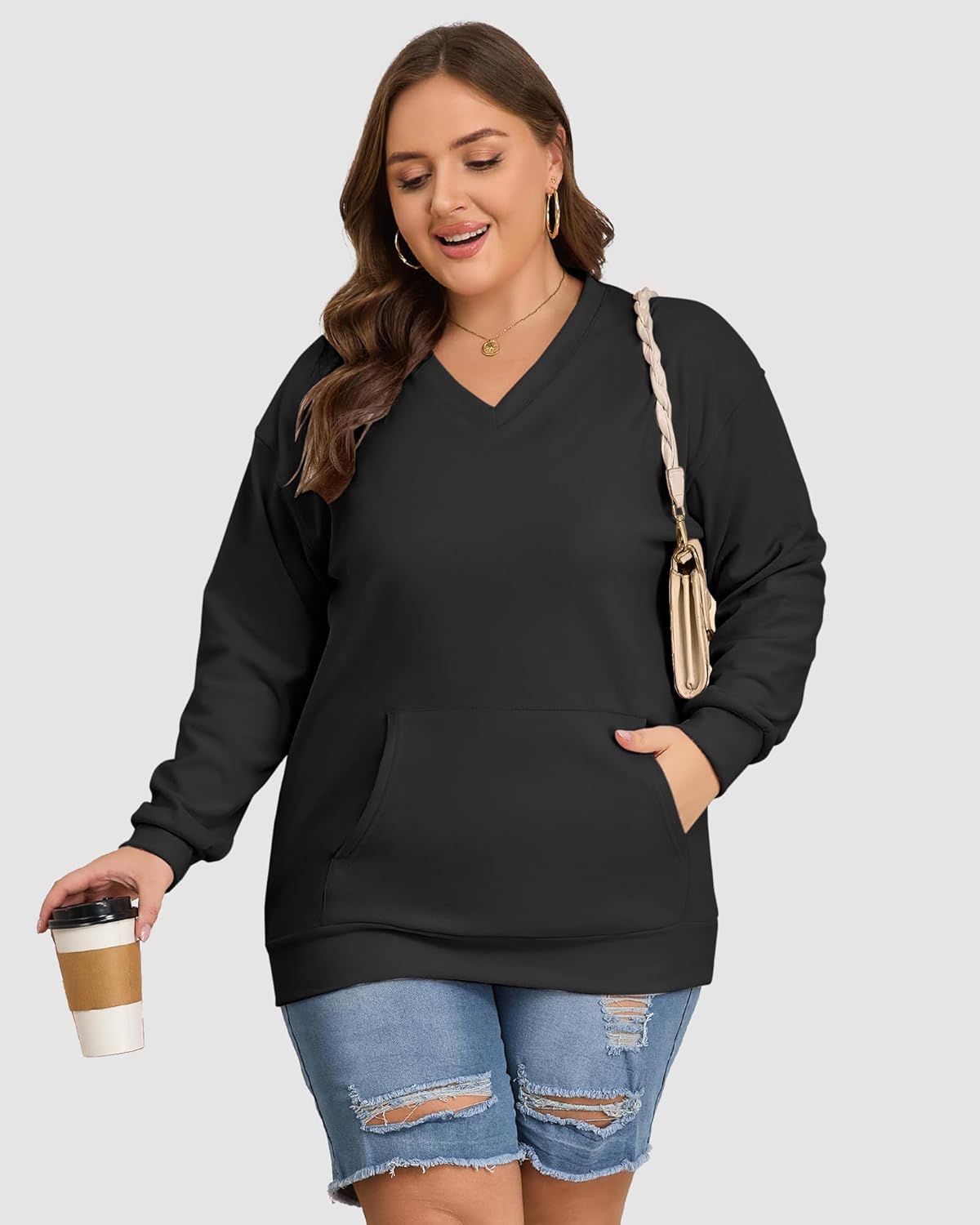 AUSELILY Womens Long Sleeve Sweatshirt Casual Fall V Neck Hoodless Pullover Tops with Pockets - Image 5