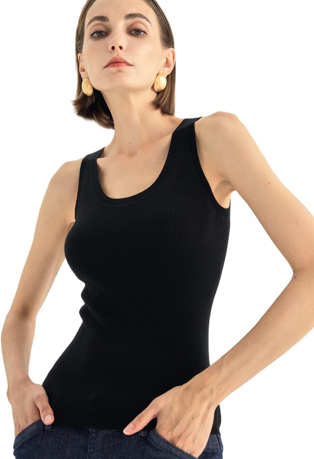 Women’s Cashmere Blend Tank Top, Ribbed U Neck High Stretch