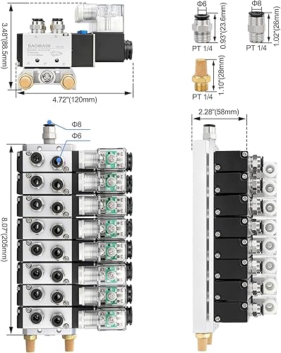 Miniatura 34 de Baomain 4V210-08 Electroválvula eléctrica, 24V DC 2-Posición 5-Way 1/4" Puerto PT, operado por piloto, cuerpo de aluminio con caja de conexiones