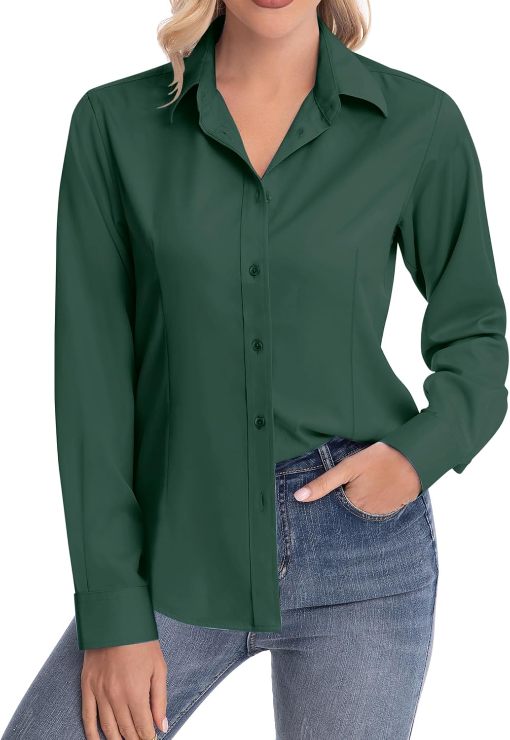 siliteelon Womens Classic-Fit Dress Shirts Long Sleeve Button Down Wrinkle-Free Stretch Solid Casual Work Office Blouse Top - Image 2