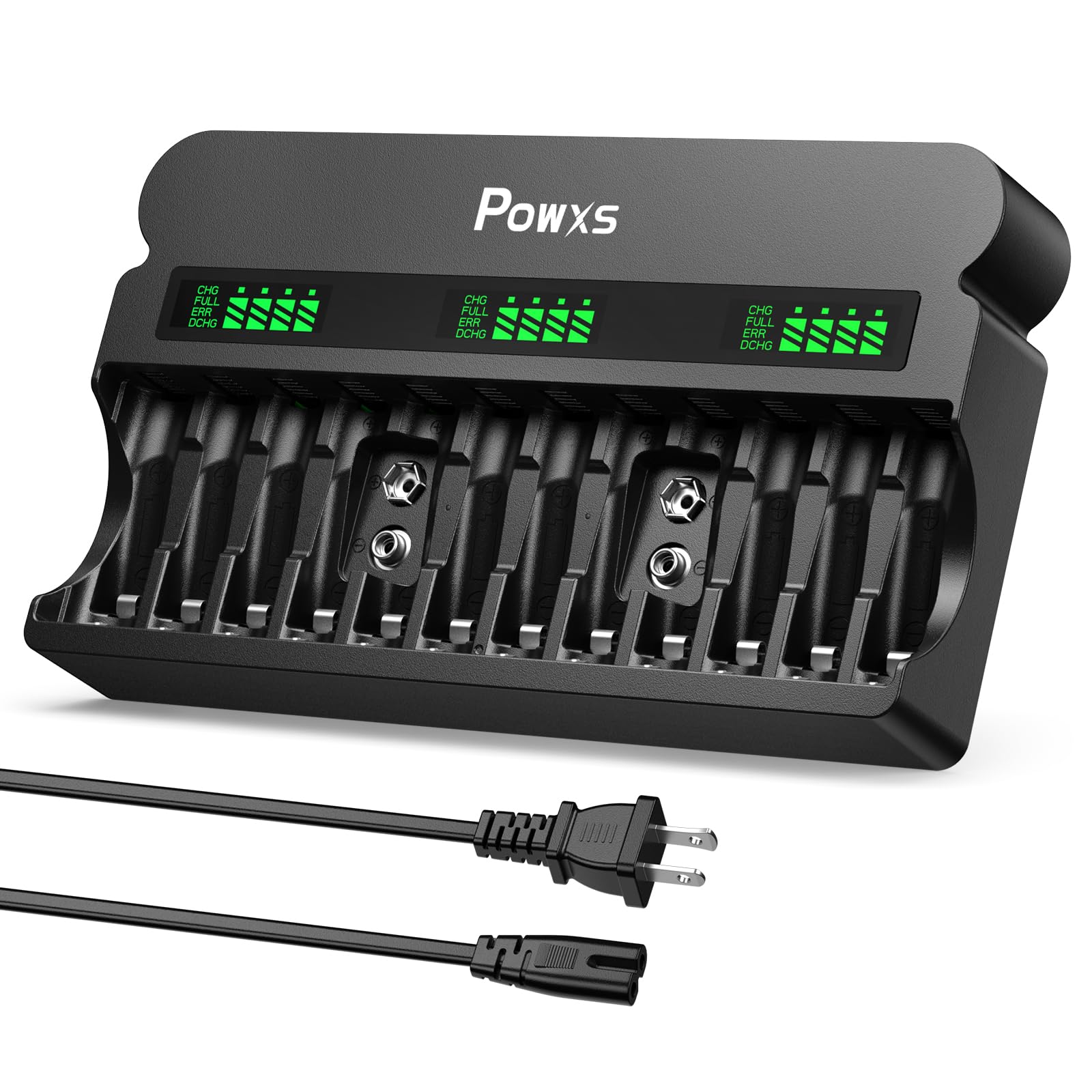 POWXS 12-Bay AA AAA 9V Ni-MH/Ni-CD Smart Battery Charger