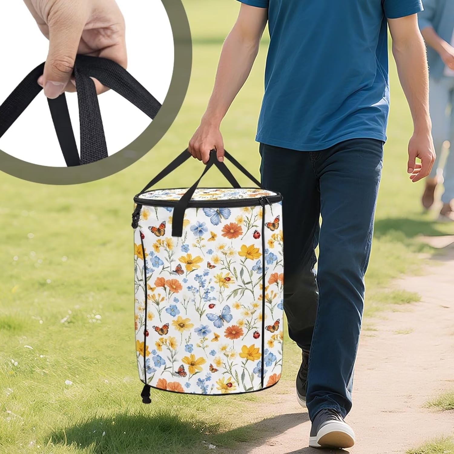 Cozeyat Colorful Floral Foldable Camping Trash Can Outdoor Reusable Garbage Bin with Zipper Closure for RV Travel Picnics Beach Trips Yard Work