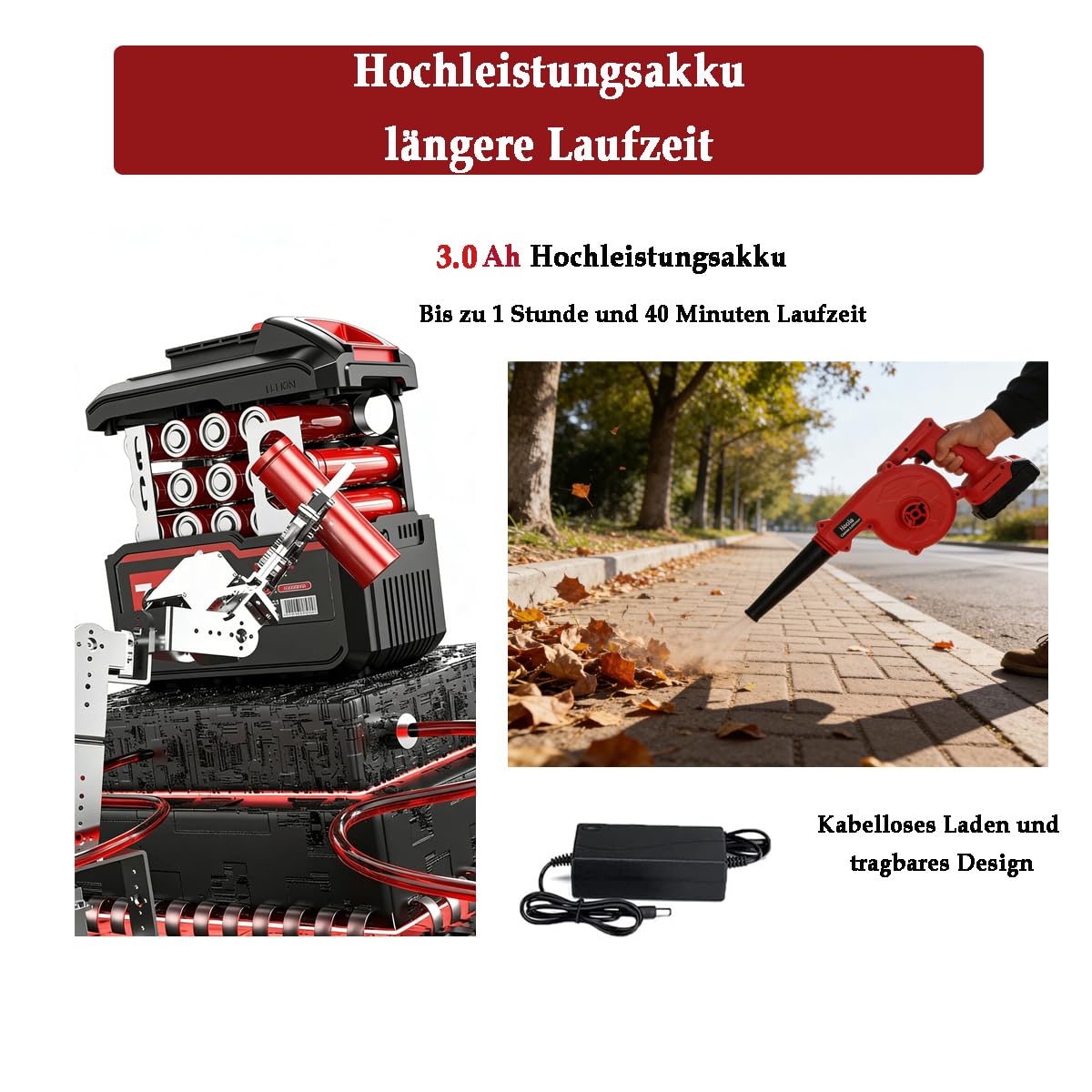 Hooha Souffleur à feuilles 3 en 1 21 V avec chargeur - Avec fonction aspiration/soufflage - Vitesse de soufflage : 230 km/h - Aspirateur et broyeur - Avec sac collecteur de 6 ml - Pour déneigement