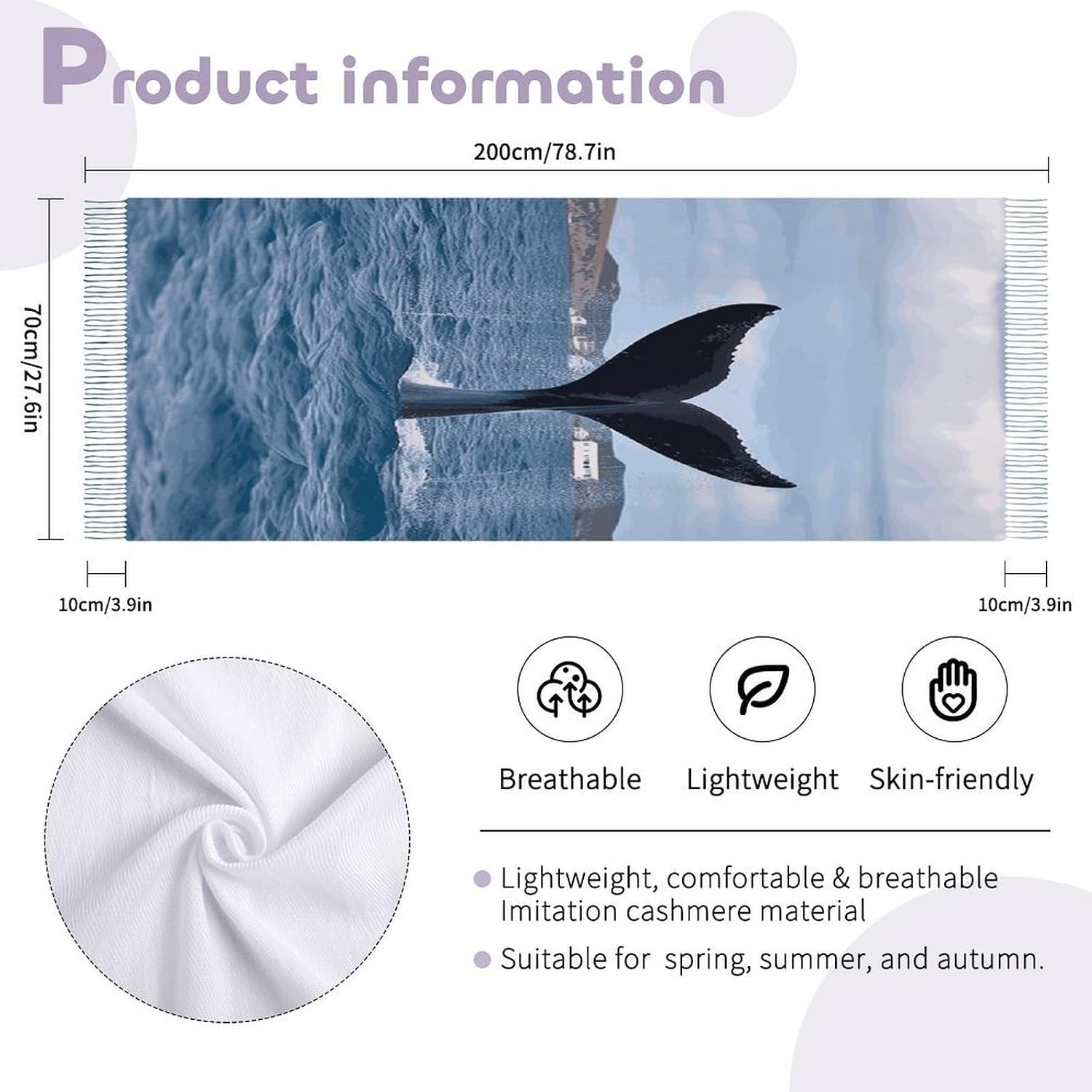 Whale Tail Scarf for Women Men Soft Warm Fashion Blanket Scarves Classic Cashmere Feel Scarf Long Shawl Large Scarves Cold Weather Thick Blanket Scarfs