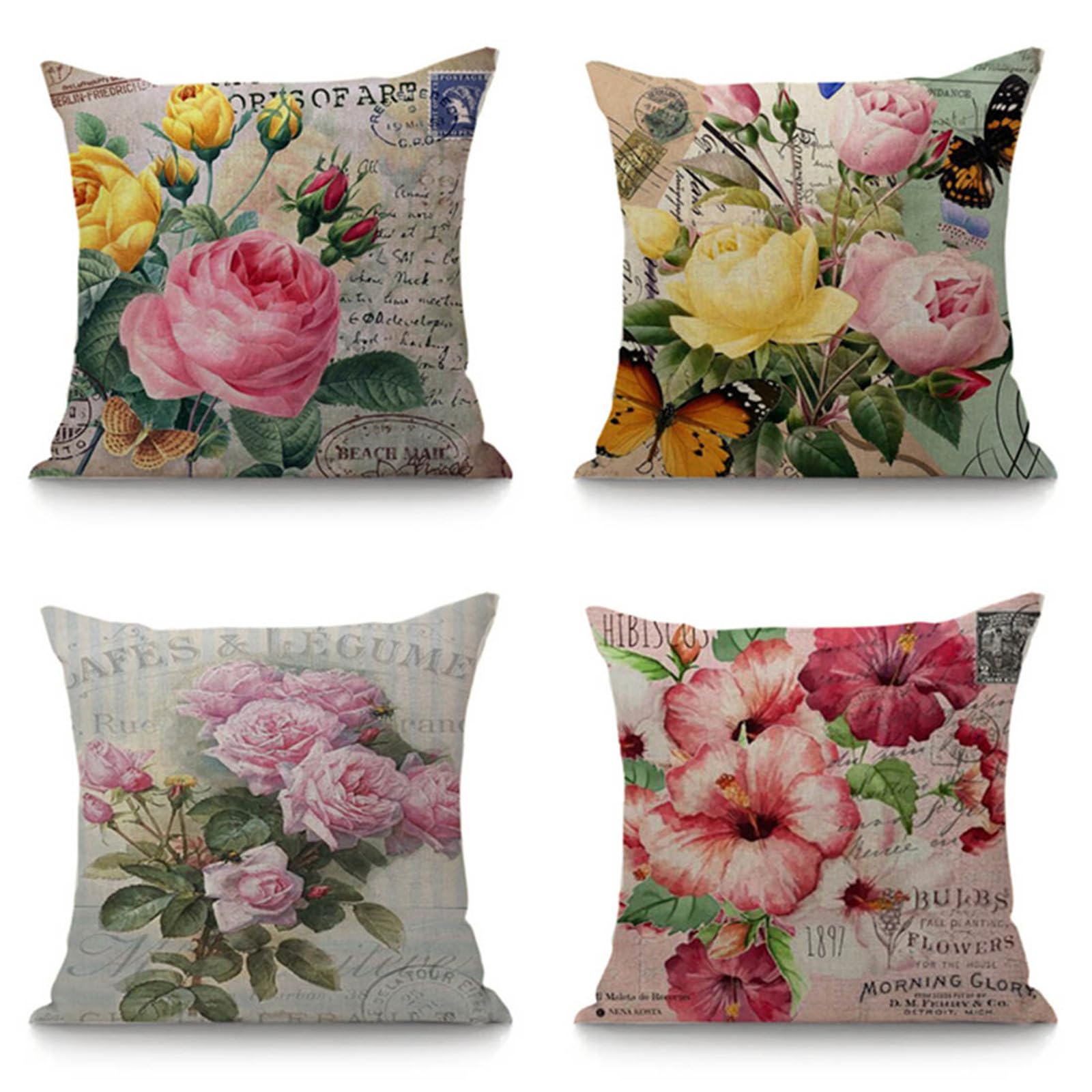 Housses de coussin fleurs roses 40x40 lot de 4 en lin taies d'oreiller décoratives pour canapé salon