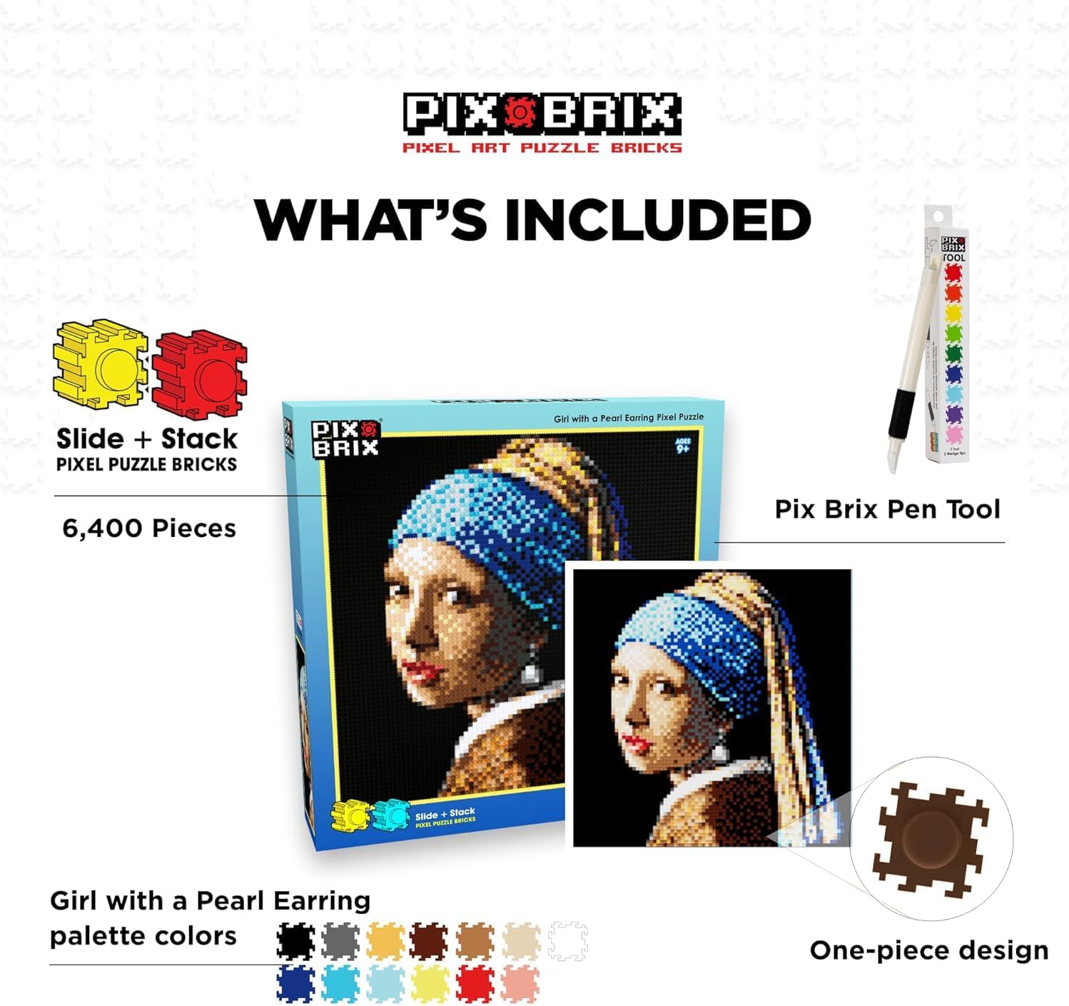 Pix Brix Pixel Art kit Puzzle Bricks - Girl w/Pearl Earring, 6, 400 Pieces - Patented Colorful Building Bricks to Recreate This Famous Print, Create Builds Without Water, Iron or Glue