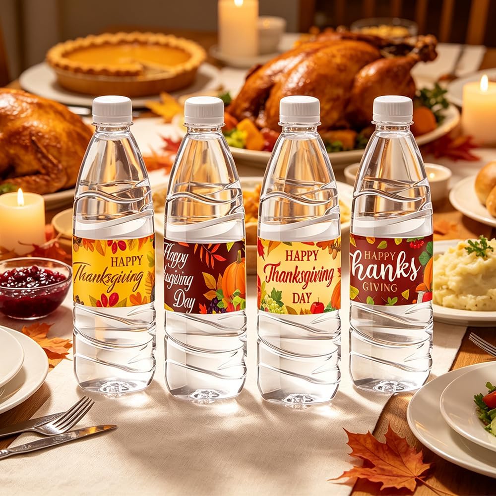 16Pcs Thanksgiving Water Bottle Labels, Fall Self Adhesive Waterproof Happy Thanksgiving Bottle Wraps Stickers for Thanksgiving Party Decoration Supplies