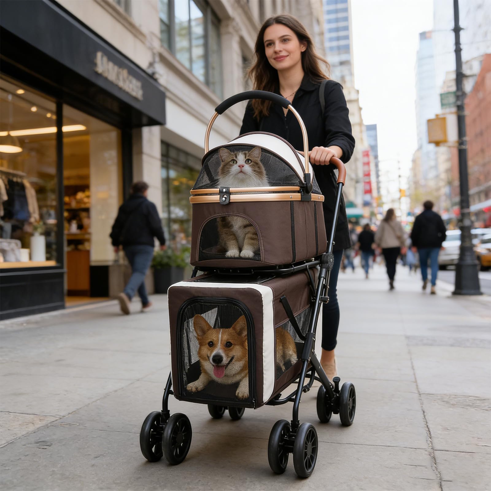 Homewell Passeggino per cani 2 in 1, passeggino per animali domestici a doppio piano, passeggino per cani di piccola taglia, passeggino per animali domestici con finestre a rete, fino a 40 kg (caffè)