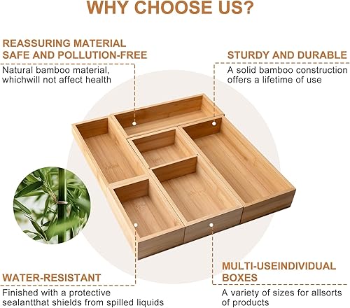 Miniatura 5 de Organizador de cajones de bambú, 5 piezas para cocina, divisores de almacenamiento multiusos para cocina, oficina, joyas, cosméticos, separadores de