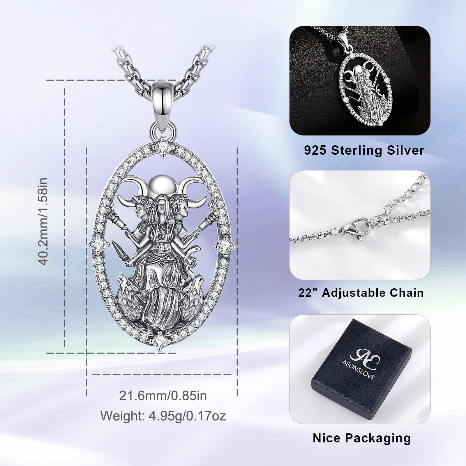 AEONSLOVE Hekate łańcuszek z wisiorkiem w kształcie , srebro próby 925, Lilith, łańcuszek na szyję z zawieszką w kształcie koła Hekate z potrójną zawieszką w kształcie księżyca