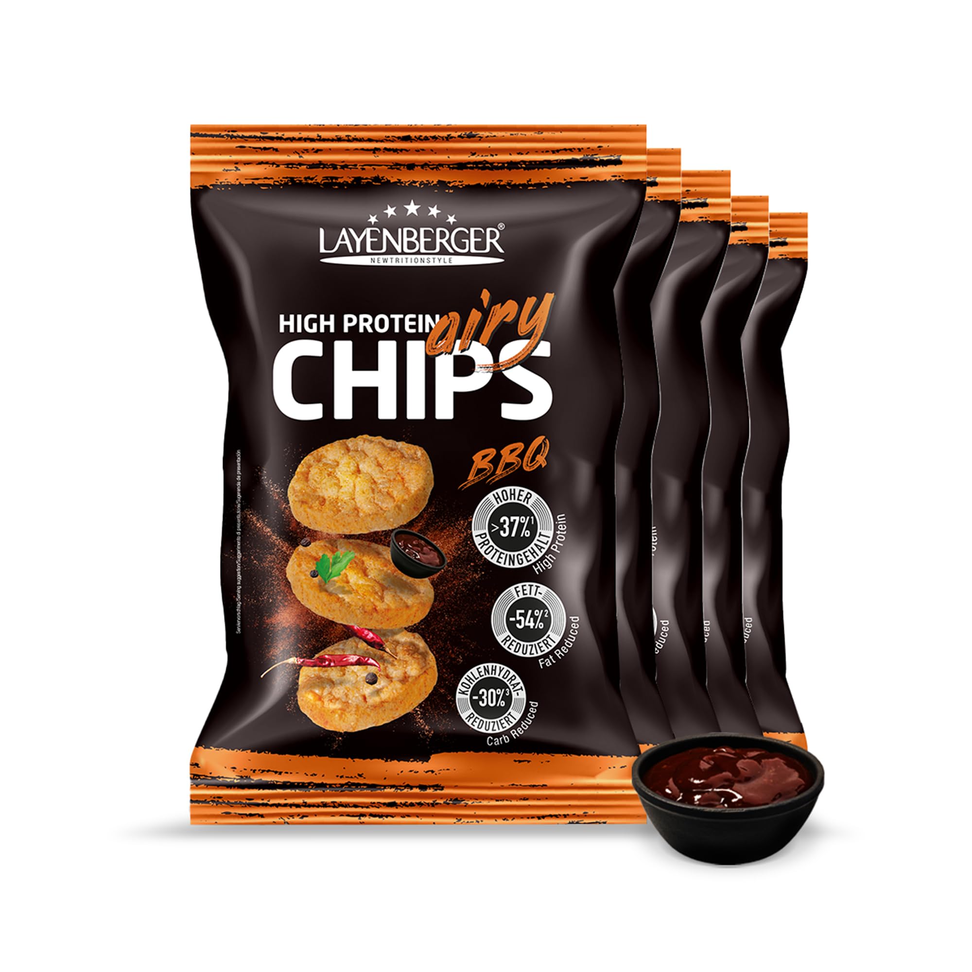 Layenberger High Protein Airy Chips, viel Eiweiß, nicht frittiert, fettreduziert, (5x 75 g) - BBQ