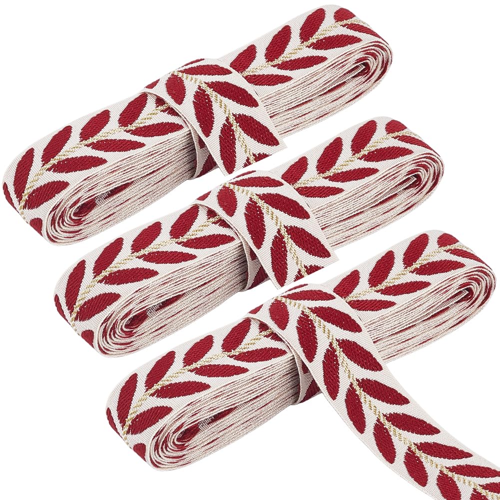 CABODYALS 8.23M 25mm Red Embroidered Ribbon Trim Tape Polyester Jacquard Ribbons Leaf Pattern Ethnic Embroidery Woven Fabric Trimmings for Sewing Making Clothes Home Party Wedding Decor Diy Supply
