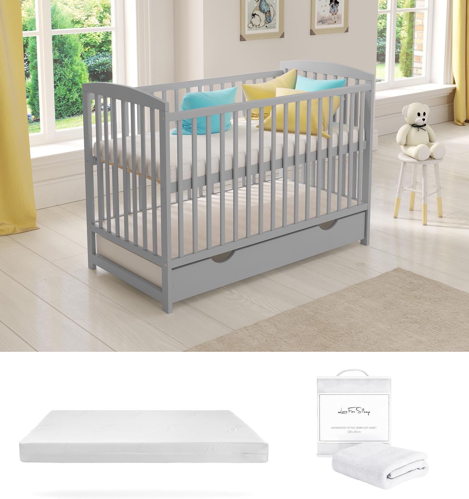 Love For Sleep JACOB Wooden Baby Cot Bed 120x60cm FREE Deluxe Aloe Vera